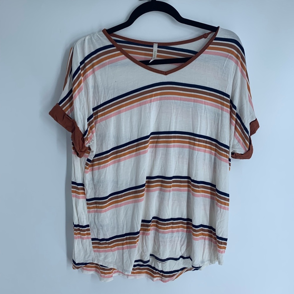 Striped V-Neck Short Sleeve Tee - Cream & Rust